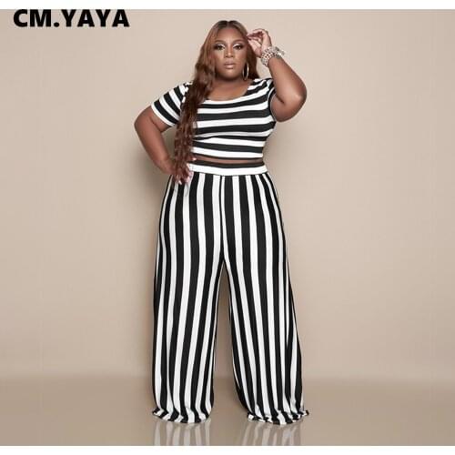 CM.YAYA Women Plus Size Set Striped Short Sleeve Crop Tops Wide Leg Pants Two 2 Piece Sets Active Tracksuit Summer Outfits 2021