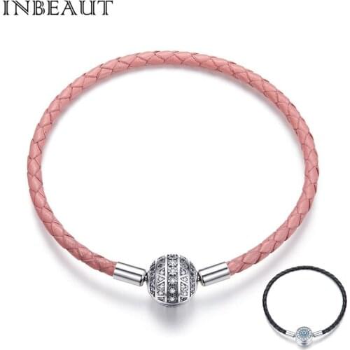 INBEAUT 100% 925 Sterling Silver Round White&Blue CZ Devil Eye Pink&Black Genuine Leater Bracelet Chain for Women Trendy Jewelry