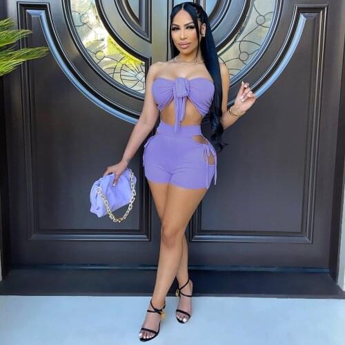 Women Knitted Two Piece Suit Tied Up Off The Shoulder Slim Fit Crop Top and Side Hollow Out Biker Short Solid Female Tracksuits