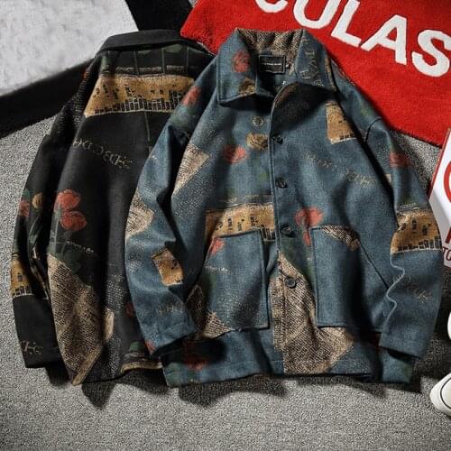 Winter Plus Cotton Thickening Woolen Jacket Men Warm Fashion Retro Printing Casual Woolen Coat Men Wild and Loose Overcoat M-5XL