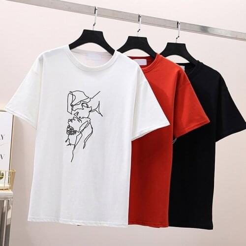 2019 New Fashion Women T-shirt Long Cartoon Embroidery T-shirts Loose Round Neck Pullovers Short-sleeved Ladies Tops Summer W102