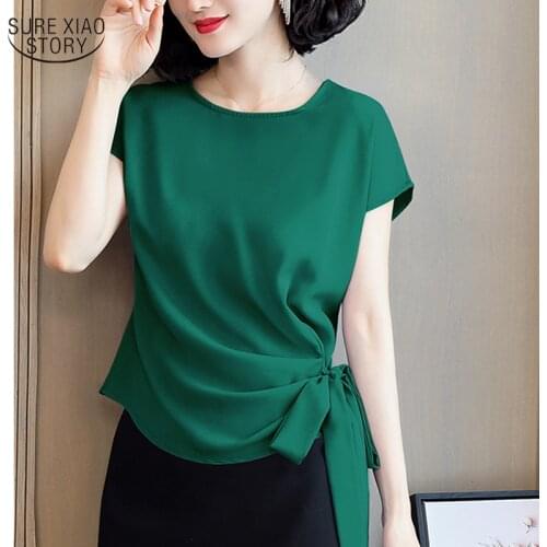 2021 Summer Blusas Mujer De Moda Silk Short-Sleeved Womens Blouse And Tops Office Lady Plus Size Solid Bow Shirts Women