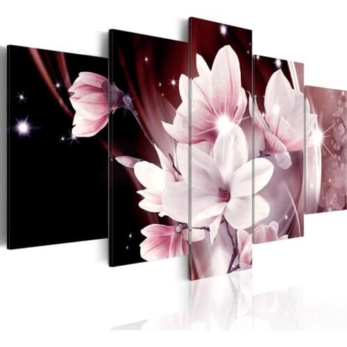 Embroidery Diamond Picture Modern Home Decor 5 Pcs Painting Pink Magnolia Flower Full Round Drill Cross Stitch Gift Wall Sticker