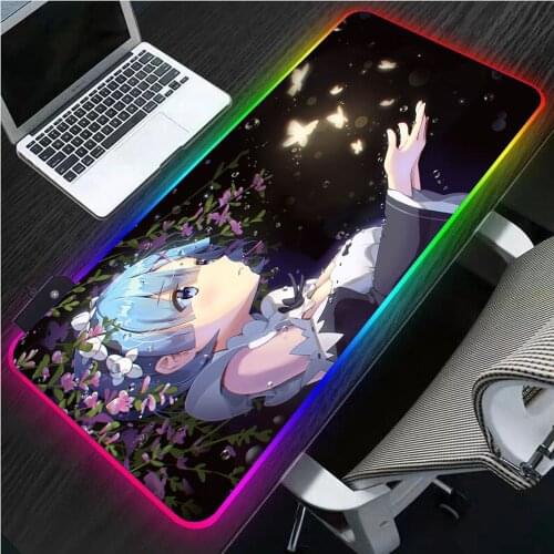Rem Re Zero Anime Girl RGB Gaming Mouse Pad Large Computer Mouse Pad XXL Gamers LED Backlit Muse Pad Carpet Keyboard Gaming Desk