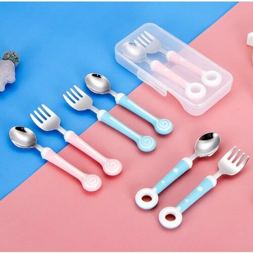 Baby Fork Cutlery Portable Set BPA Free Food Grade Silicone Spoon Baby Food Supplement 304 Stainless Steel Spoon Fork