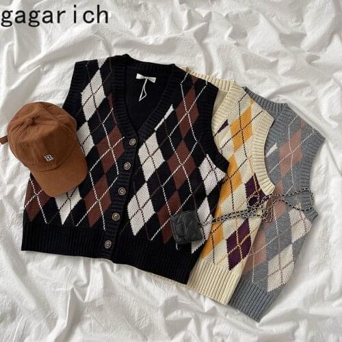 Gagarich Woman Knit Vest 2021 Autumn New Vintage Ins Fashion Color Contrast V-neck Diamond Lattice Single Breast Versatile Top