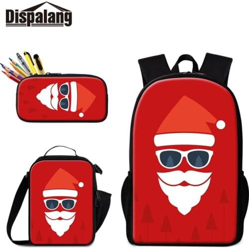 Fashion Christmas Print 3 Pieces in 1 Set Backpack and Lunch Pouch with Pencil Box 3 pcs/set Black Girls Kids School Bags