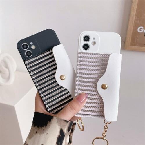 Fashion Solid Color Stripe Card Wallet Lens Protected Phone Case For iPhone 11 12 Pro Max X XR XS 7 8 Plus SE 2020 Back Cover