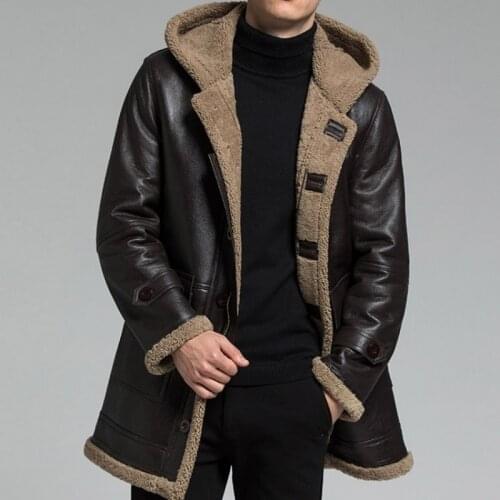 Winter Shearling Men Pilot Jacket Top Brand Warm Real Fur Hooded Outerwear Single Breasted Vintage Business Genuine Leather Coat