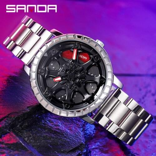 SANDA Men Watch Creative 360° Rotating Car Wheel Watches Military Waterproof Sport Steel belt Quartz Watch Relogio Masculino