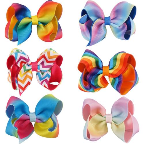 4.5 Inch Girls' Rainbow Hairbows Gradient Colors Grosgrain Rib Hairclips Barrettes Handmade Kids' Headwear Hair Bows 2 Pieces