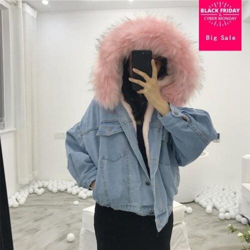 Autumn Winter fashion new sweet jacket women thicken warm faux fur collar denim coat female loose hooded coybow outwear L1298