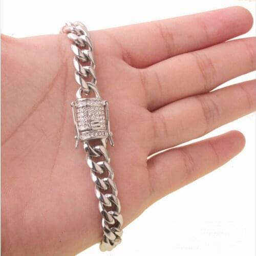 8/10/12/14/6/18MM Charms Stainless Steel Silver Color Polished Miami Cuban Curb Chain Mens Womens Bangle Bracelet Crystal Buckle