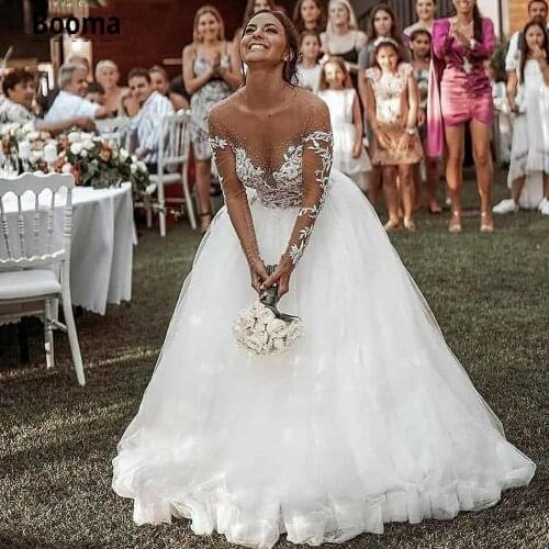 Booma Romantic Lace Beaded Wedding Dresses 2020 Sheer Neck Long Sleeves Bridal Dresses illusion Cheap Wedding Gowns Plus Size