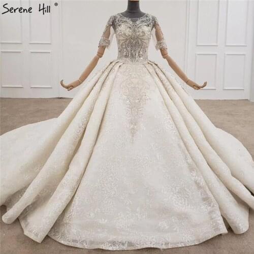 Serene Hill Dubai Champagne Short Sleeves Luxury Wedding Dress 2020 Sequins Beadings High-end Bride Gown Custom Made CHX0075