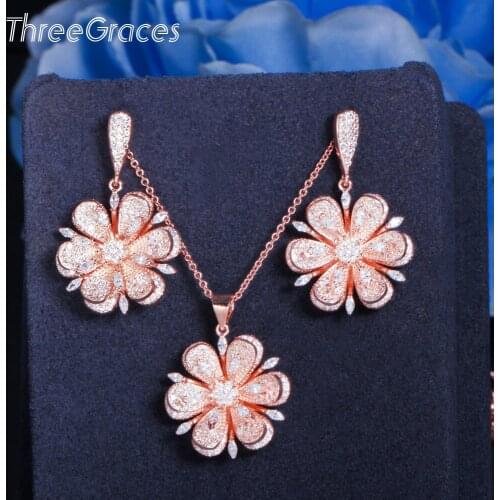 ThreeGraces Summer Design Cubic Zirconia Rose Gold Color Big Flower Dangle Earrings Pendant Necklace Jewelry Set for Women JS528