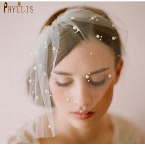 PHYLLiS JM03 Hand Made Cheap Birdcage Veil Pearls Wedding Veil with Comb Short Wedding Veils with Pearl Face Veils Headwear Wome