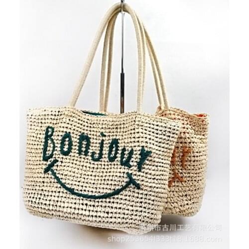 New Bohemian Alphabet Smiley Face Women Handbag Summer Straw Beach Bag Designer Female Large Capacity Tote Bag Shopper Purse