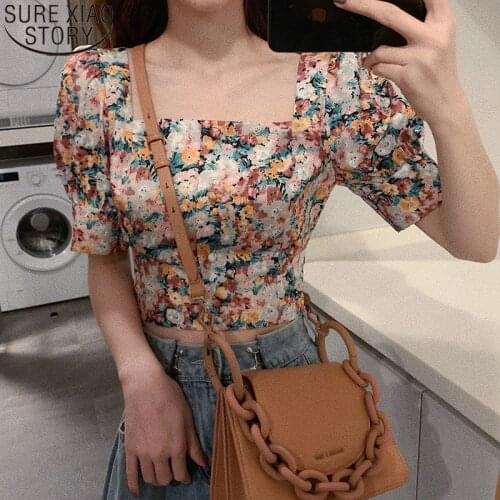 Vintage Puff Slevee Floral Blouse Print Square Collar Women Short Tops Summer Casual Korean One-Piece Clothing Ladies 13605