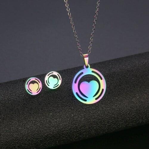 Romantic Hollow Love Heart Pendant Necklace Colorful Stainless Steel Jewelry Sets for Women Simple Engagement Earrings collier