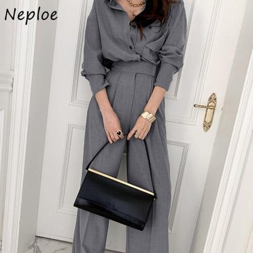 Neploe Work Style Ol 2 Pcs Women Set Turn Down Collar Long Sleeve Shirt + High Waist Hip Straight Pants Solid Suit Spring Suit