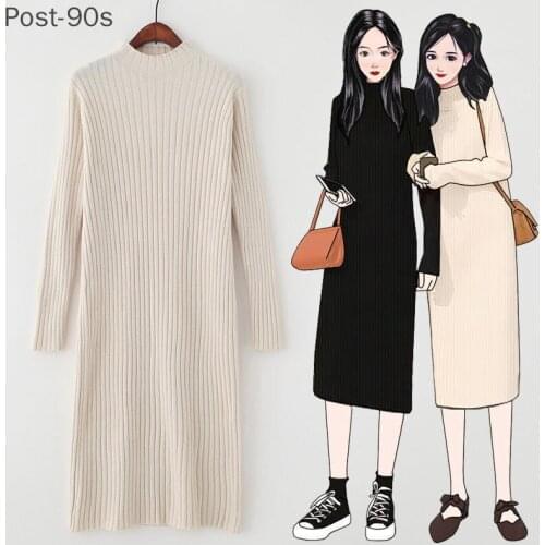 Women Autumn Winter Knitted Sweater Dress Vestido Long Sleeve Solid Turtleneck Dresses Korean Office Warm Elegant Pencil Vestido