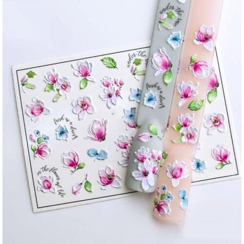 1pc 3D Acrylic Engraved Nail Sticker Embossed Pink Blue Flower Water Decals Empaistic Nail Water Slide Decals Z0372