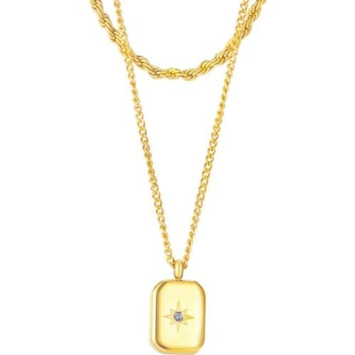 1954 Fashion Sun Zircon Square Necklace Pendant Double-layer Chain Titanium Steel Necklace Simple Versatile Gold/ Rose Gold 18