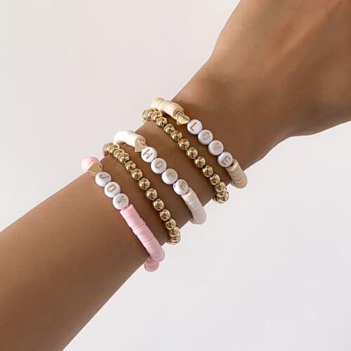 5pcs/set Bohemian Handmade Clay Bracelet for Women Ethnic Soft Pottery Gold Beads Letter Love Bracelet Sets Jewelry 2021