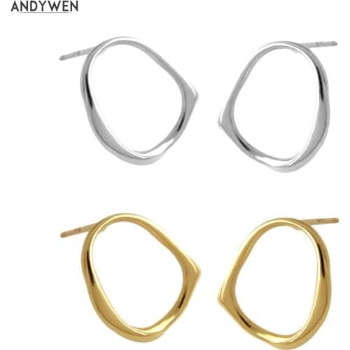 ANDYWEN 925 Sterling Silver Gold Plain Oval Circle Stud Earring Irregular Luxury Women Fine Jewelry Rock Punk Party Jewelry Gift