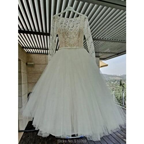 Ball Gown Boat Backless Long Sleeve Layers of Tulle Lace Beaded Pearls Vestido De noiva Bridal Gowns Robe De Mariee Casamento