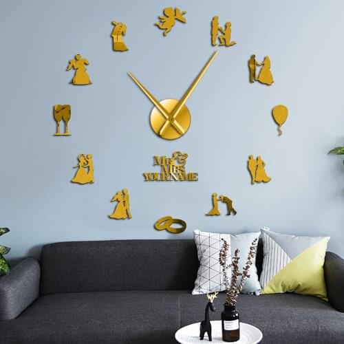 Lovers Couple Engaged Custom Wedding Party Wall Home Decor Large Wall Time Clock Personalised Mute Giant Watch Valentines Gift