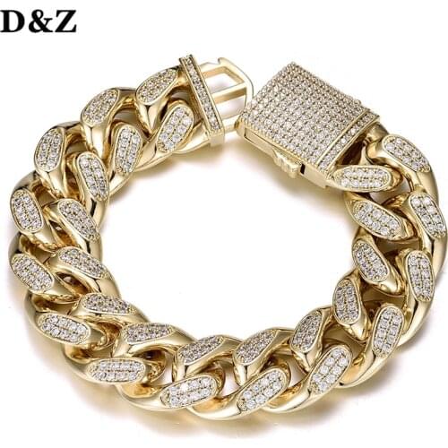 D&Z 19mm Miami Cuban Link Bracelet Spring Buckle Bling Iced Out Cubic Zirconia Bracelet With Solid Back For Men Jewelry