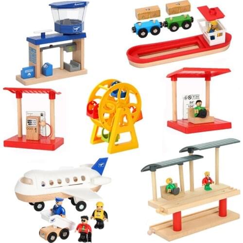 Wooden Train Track Accessories Airplane Airport Wood Double Platform Rail Car Tracks Toys For Children Gift