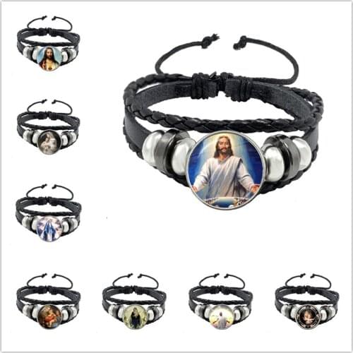 Virgin Mary Baby Jesus Christian Catholicism Jewelry Black Button Leather Bracelet Blessed Mother Religious Glass Cabochon Gift