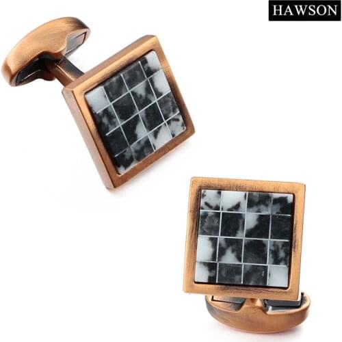 HAWSON Retro Bronze Stone Cufflinks for Ceremony Alabaster Antique Grey&White Stone Cufflinks