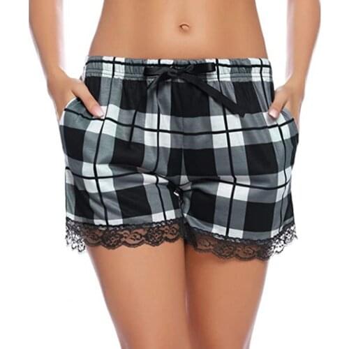 Summer Women Shorts Sexy Lace Drawstring Plaid Printing Shorts Nightwear Streetwear Womens Clothing 2021 XL
