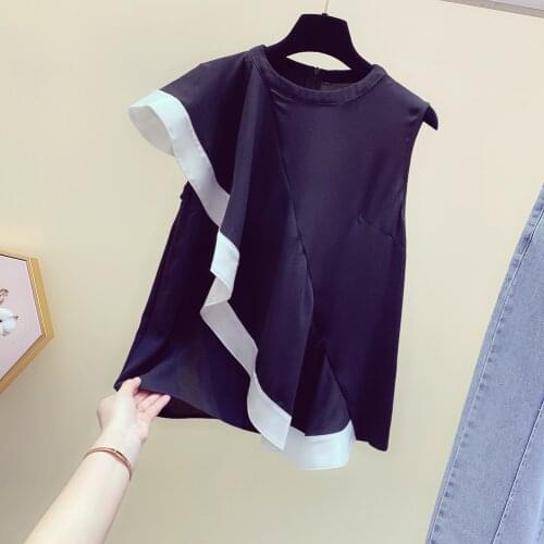 Sleeveless Ruffles Women Blouse 2020 Summer New Solid O-Neck Irregular Lady Elegant Pulls Tops Tees Top Quality