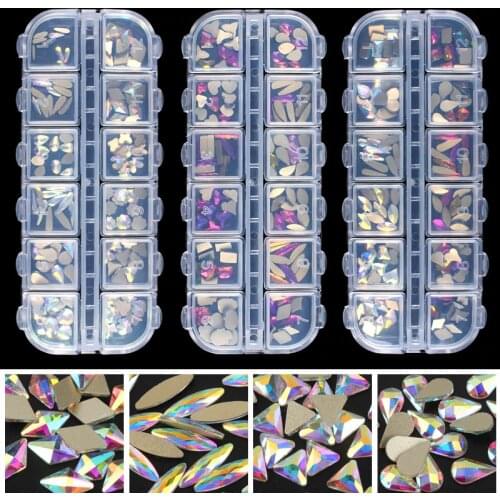 Fashion Crystal AB/Rainbow Nail Art Mix Shape Fancy Shaped In Box Colorful Glass Stones For 3D Nail Art Decorations Free Shippin