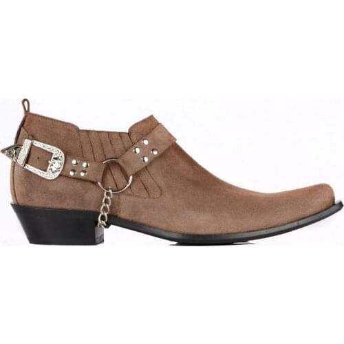 FootCourt- Suede Brown Cowboy Ankle Boots Western Heel Elastic Sides Removable Buckle Designer Boots Handcrafted Made in Turkey