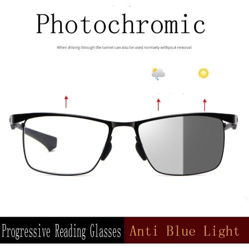 Anti Blue Light Reading Glasses Men Multifocal Progressive Photochromic TR90 Frame Presbyopic Glasses Vintage Full Frame 1.5