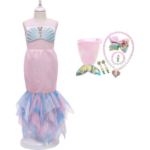 Little Mermaid Ariel Princess Dress Girl Party Cosplay Costume Kids Halloween Frock Pearl Appliques Pink Gown Mermaid Dress