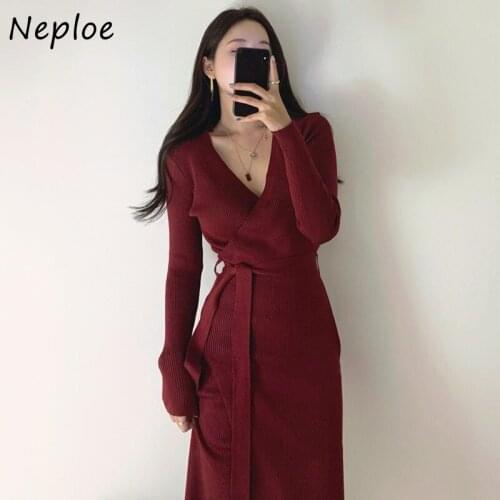 Lace-up Waist Vestido De Mujer Korean Chic V-neck Cross-slim Knitted Dress Woman Mid-length Long Sleeve Robe Femme