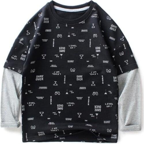 Spring Autumn Boys Long-Sleeved Bottoming Shirt 2021 Youth Kid Cotton ‘Game’ Printing Fake Two-piece T-Shirt For 5-14 Years