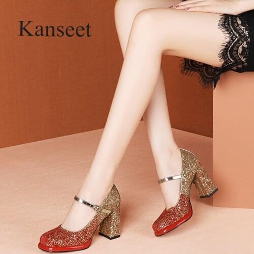 Kanseet Womens Pumps Autumn New Elegant Sexy Bridal Party Dress Buckle Strap Thick High Heels Shoes For Women Plus Size 40 Red