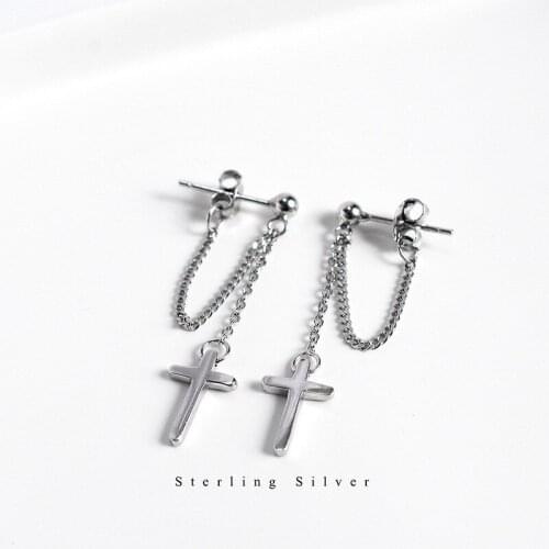 Creative Cross Long Tassel Stud Earrings Vintage Fashion 925 Sterling Silver Chain Earrings For Women Wedding Jewelry Punk Gifts