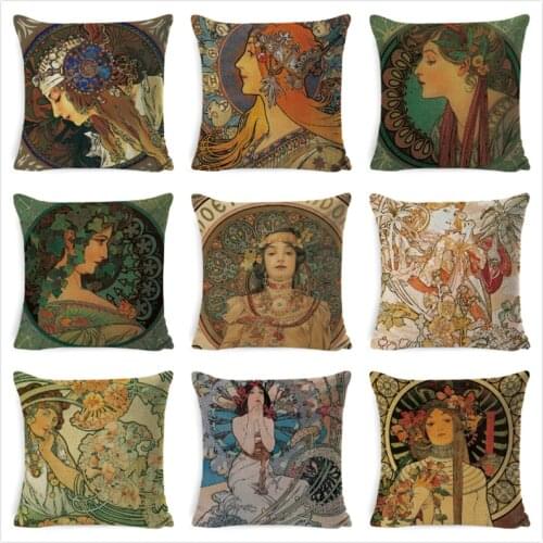 Vintage European Cushion Cover Art Nouveau Mucha Gallery Cushion Case Home Decorative Beautiful Girl Pattern Linen Pillowcase