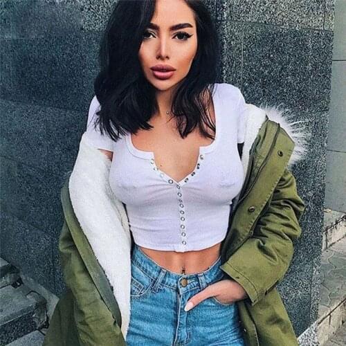 Women Short Sleeve Crop Top Summer Fashion Sexy Button Vest Halter Casual White V Neck Slim Tank Tops Blouse Short Shirt Female