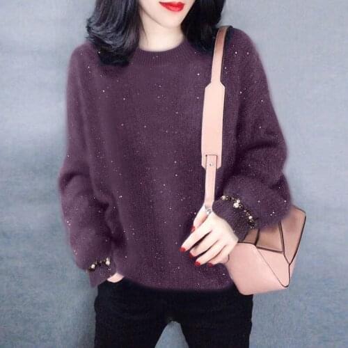 2021 New Fall Fluffy Sweater Women Fashion Winter Warm Beading Pull over Cropped Jumpers Loose Knitted Jumper Black Clothes