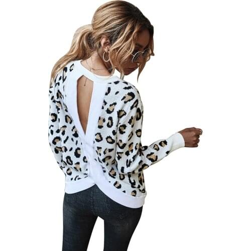 Korean Fashion Long Sleeve Backless Leopard Sweater Tops Lady Soft Streetwear Women Autumn Winter Pullover Knitted Jumper